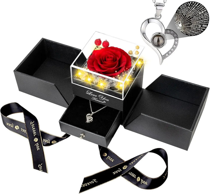 Rosa Eterna + Collar de Amor 100 Idiomas” — El regalo que dice “TE AMO” de mil formas