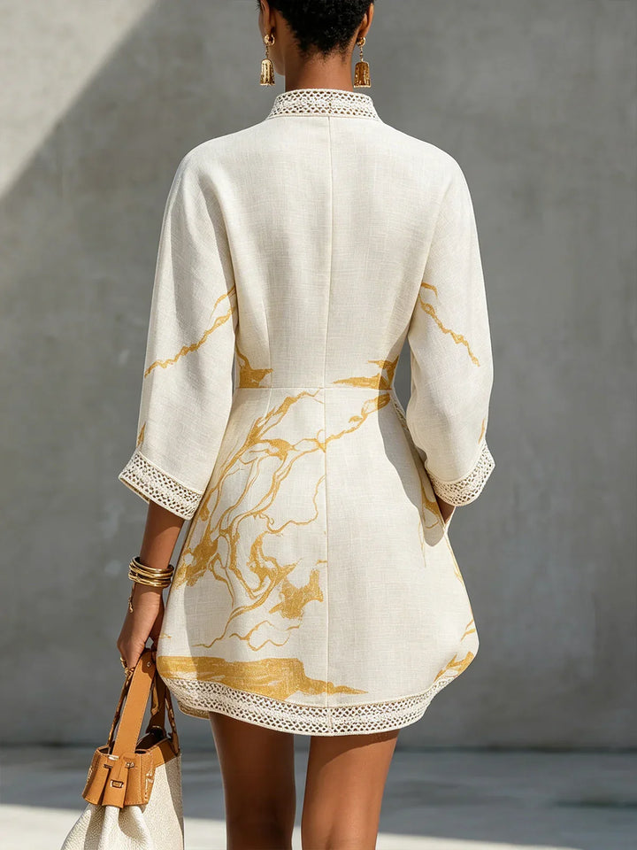 Débora Vestido Mini Color Marfil de Encaje de Ganchillo con Escote en V